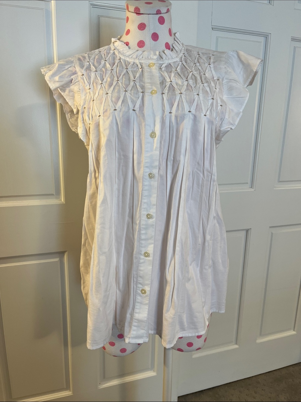 LOFT White Smocked Button-Down Blouse